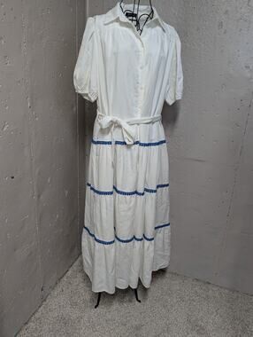 PrettyGarden White Blue Tiered Maxi Shirt Dress Puff Sleeve Coastal Resort L